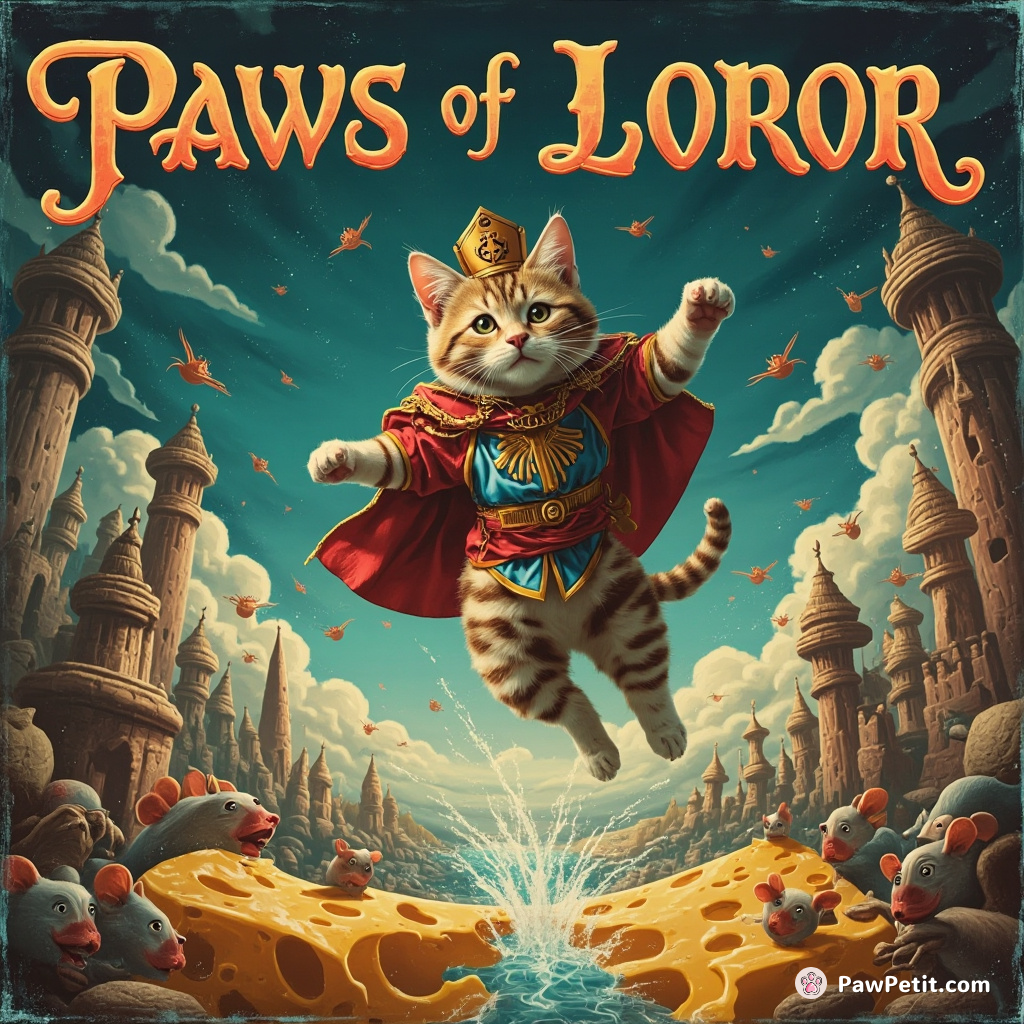**Whimsical Fairy Tale Title: "Paws of Valor"**

In a kingdom of mice, brave cat Sir Whiskers leaps over a river of cheese to save the mice king.
