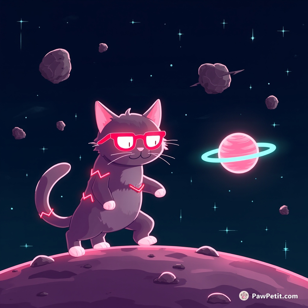Cat adorned with neon lights defending a tiny alien planet from asteroid-comet-mice attack in zero gravity.