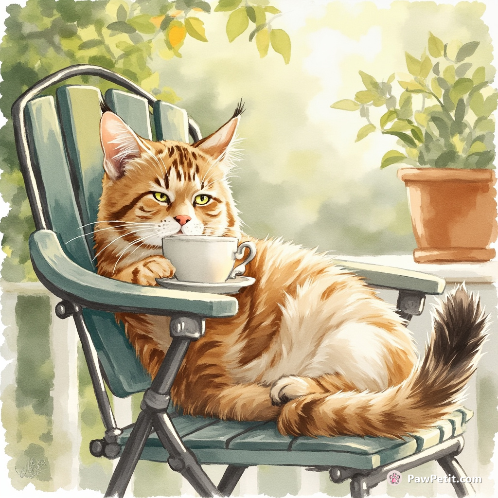 The cat sprawls on the patio chair, languidly sipping from a tiny saucer, tail flicking in rhythm with the rustling leaves.