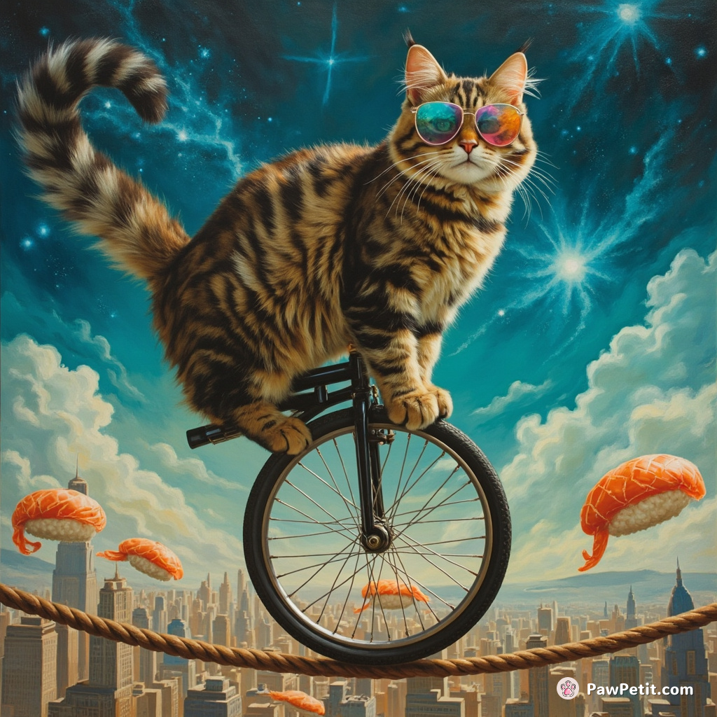 A chic, mega-sized tabby cat elegantly balancing on a monocycle across a tightrope high above a cityscape of sentient sushis, wearing silhouette glasses reflecting blue-grass areolas of supernovas.