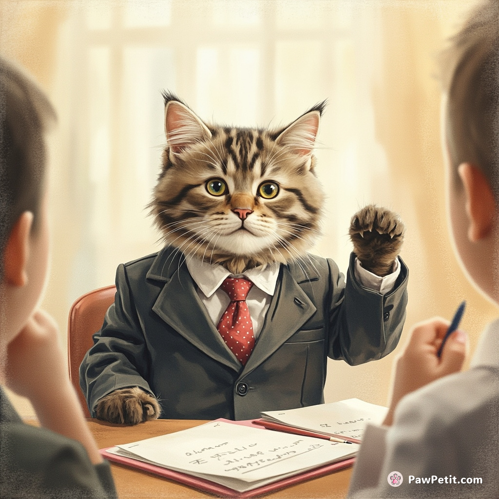 Clad in a tiny suit, the cat dramatically pauses mid-presentation, glaring for silent affirmation from its pretend boardroom audience.