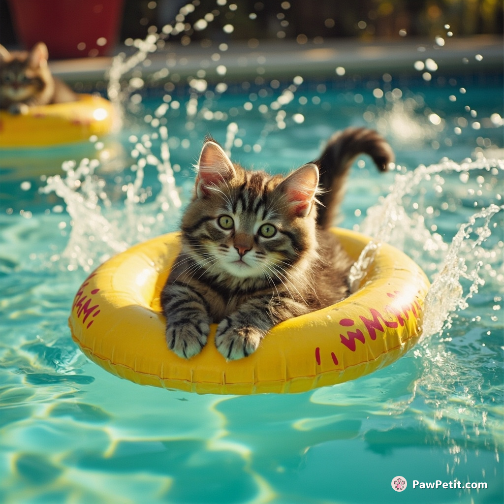 Sun-tanning on pool floaties, Mr.Whiskers planned an aquatic adventure, his uncoordinated dive resulting in a chaotic splash.