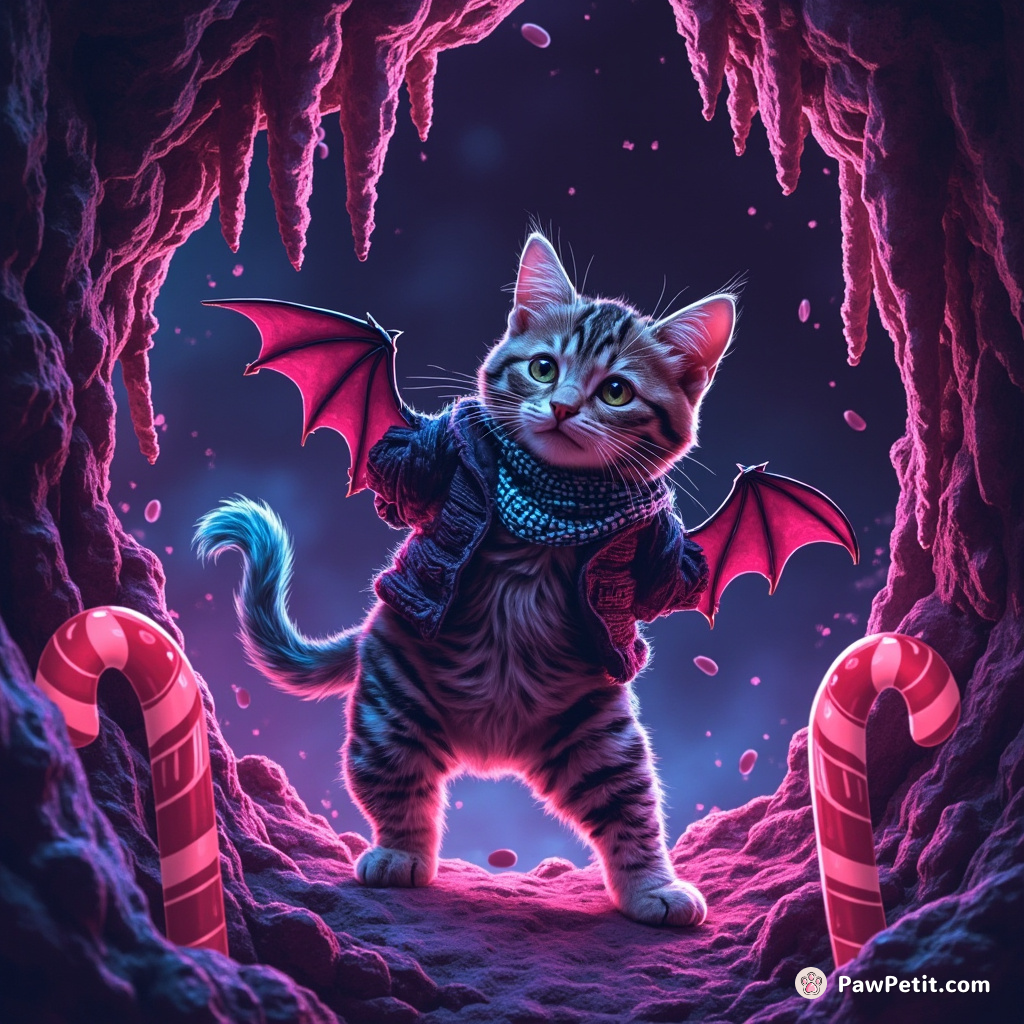 A neon-tabby cat breakdancing in a disco-era batcave among candy cane stalagmites.