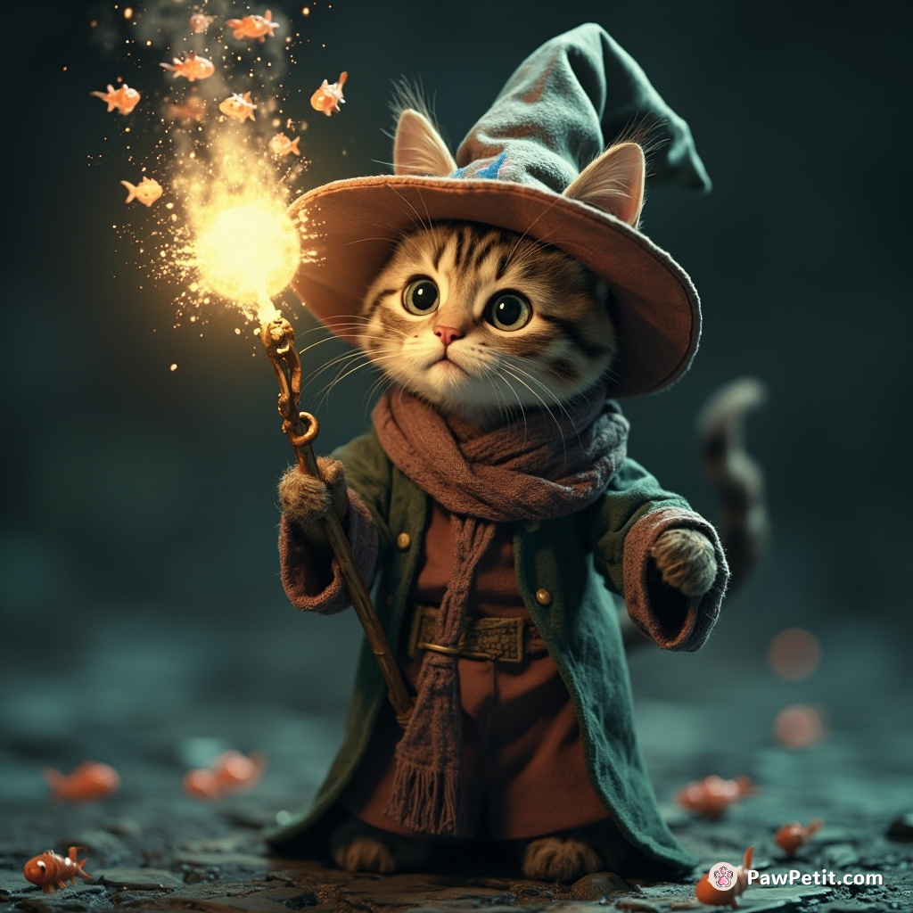 A feline wizard conjuring an enchanting spell of tiny fish floating around its glowing, mystical staff.