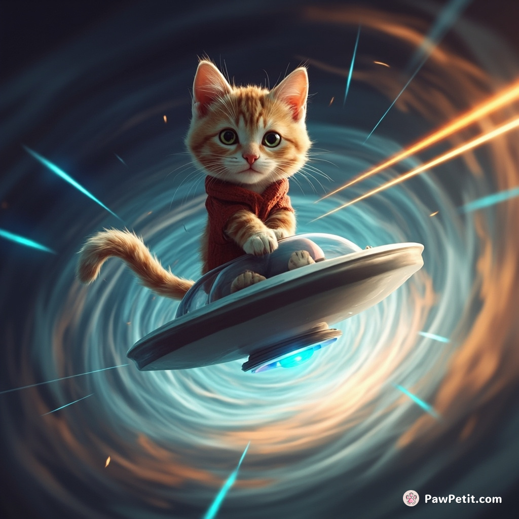 In a swirling vortex, the cat pilots a levitating saucer, weaving through laser beams with tail precision.