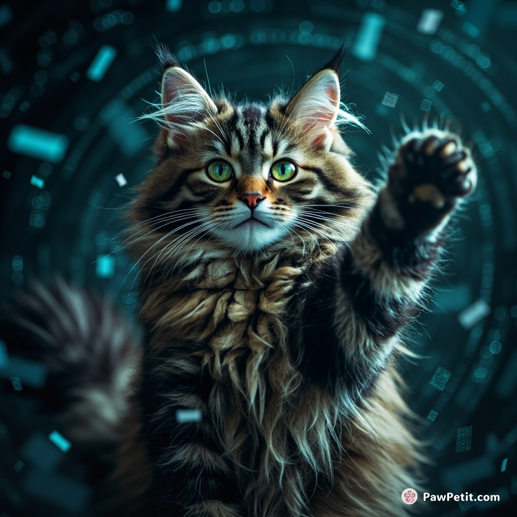 The cat slyly twitches its virtual tail, shattering data blocks within this cyber universe with each deliberate movement.