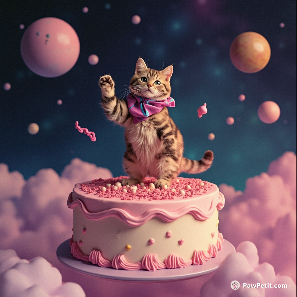 Cat doing interpretive dance on a giant birthday cake floating in outer space.
