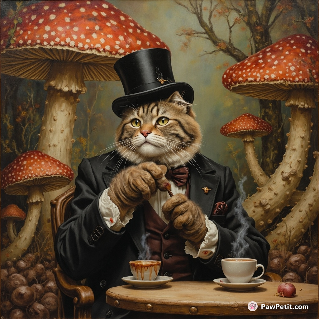 A upper-class Victorian cat drinking a steaming cappuccino at a tiny café in an oversized mushroom forest.