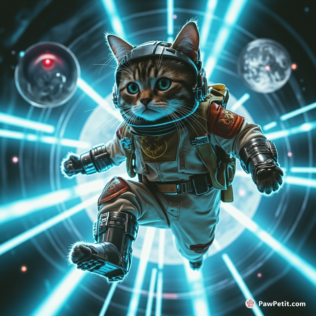 A grumpy cat wearing a time-travel action-hero suit, moonwalking on holographic laser beams inside an alien spaceship.