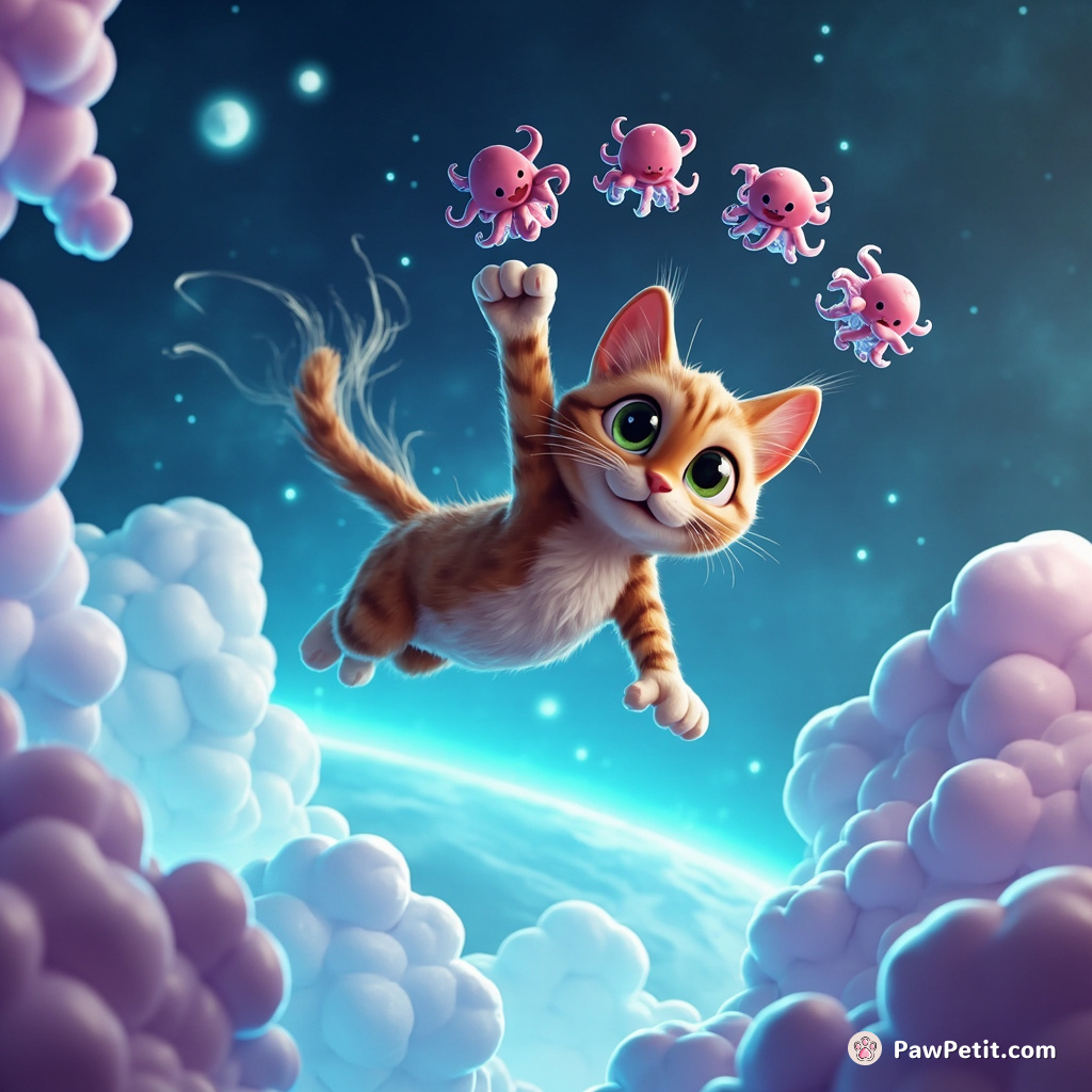 A cat mid-leap over a ghostly chasm in space, defying gravity while juggling miniature alien octopuses using its immaterial mirror-like tail.