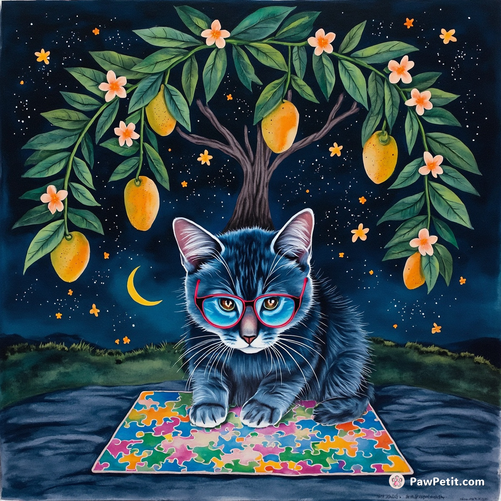 Cyberpunk neon cat fixing an intricate puzzle under a 4th dimensional mango tree blossoming binary code flowers at midnight.
