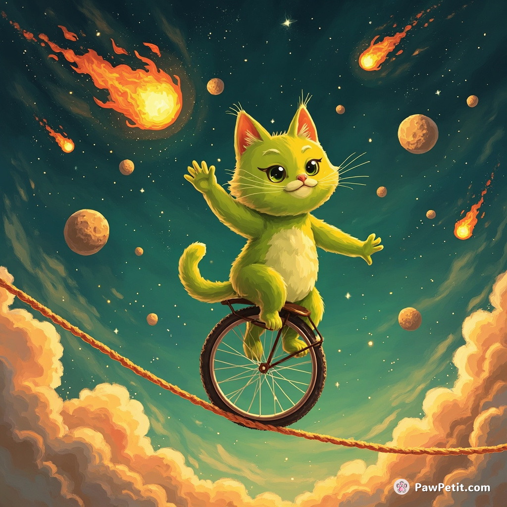A lime-green cat juggling flaming meteorites on a unicycle atop a stratospheric tightrope.
