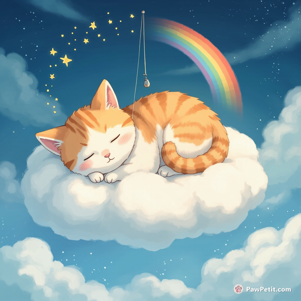 Cat fast asleep on a marshmallow cloud, fishing with a rainbow for shooting stars.