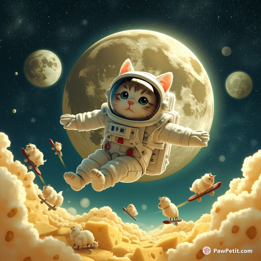 A giant cat in an astronaut suit floating ominously above a cheese-filled moon, with tiny sheep on rocket skateboards swirling around her.