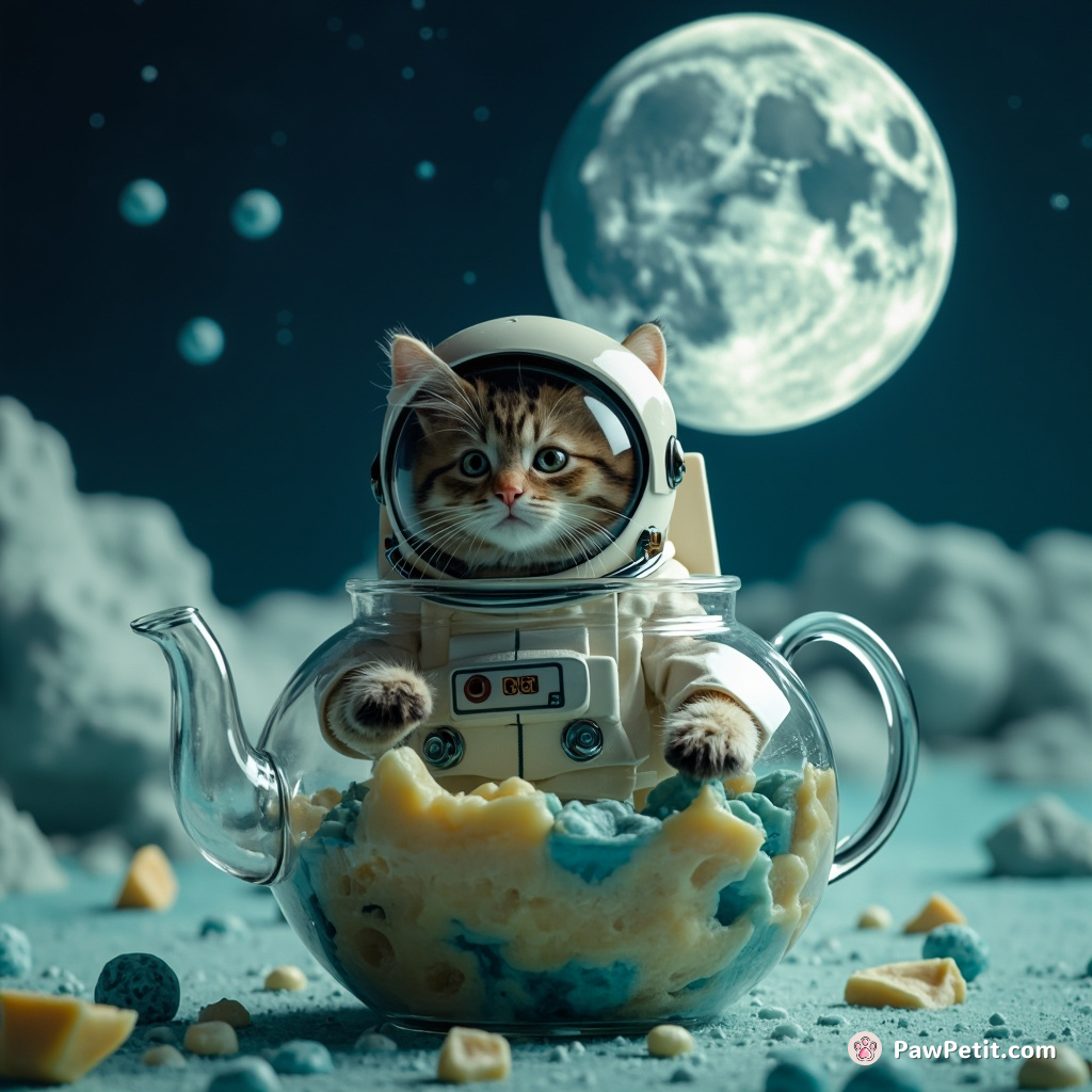 A cat wearing an astronaut suit, floating in a glass teapot beside a moon made entirely of blue cheese.