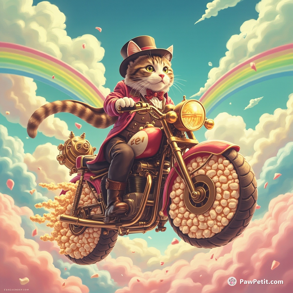 A Victorian-style cat riding a popcorn-powered steampunk motorcycle across a layer of rainbow bubblegum sky.