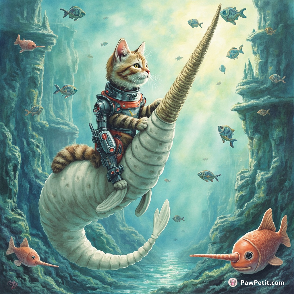 Cyborg cat balancing on the horn of a fantastical narwhal, swapping stories with alien fish in an underwater alien city.