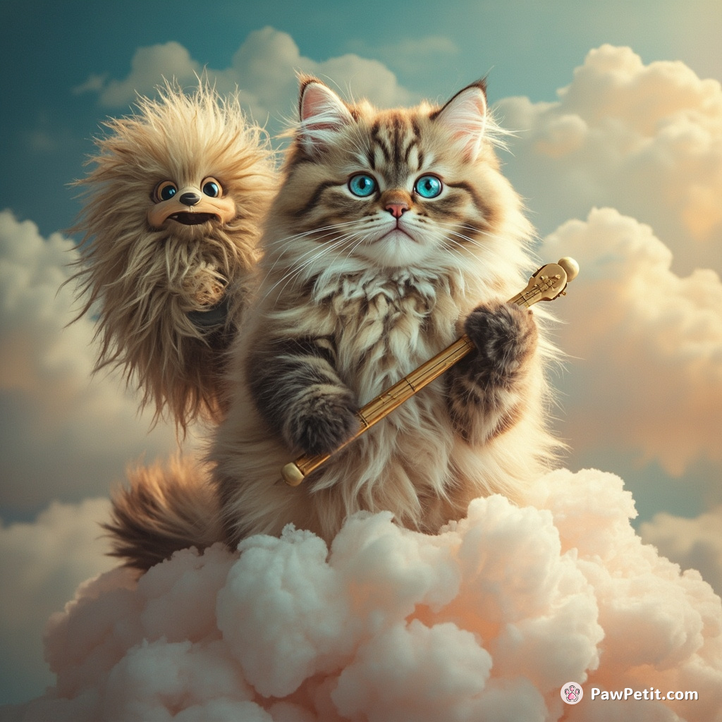 Cat conducting a mongoose orchestra atop a fluffy marshmallow cloud.
