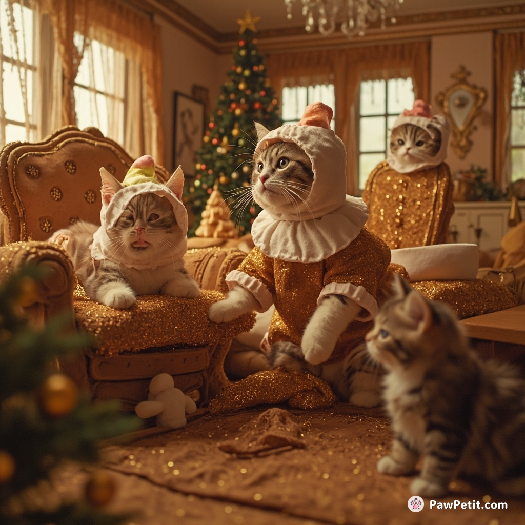 Cat party in a gingerbread mansion, dressing up in marshmallow suits, trying to eat the sugar-glitter furniture.