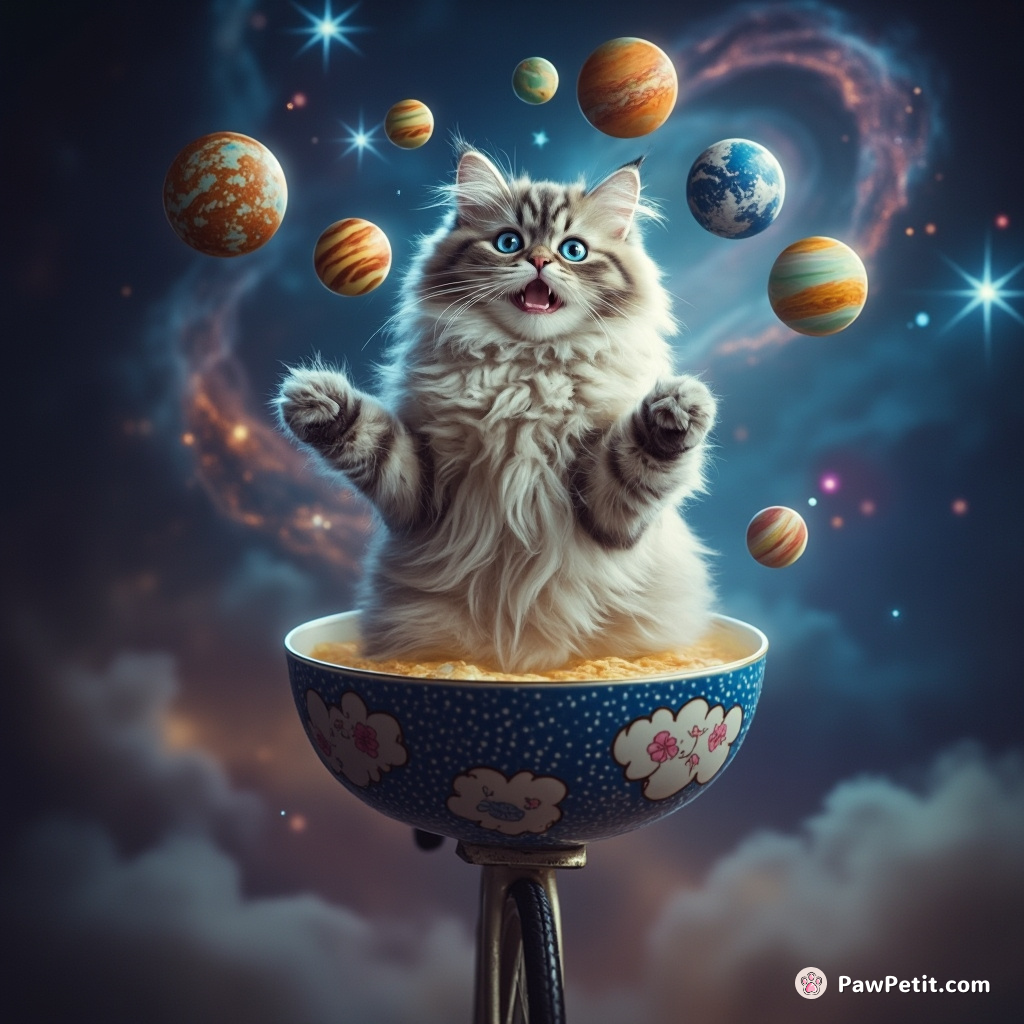 Cat juggling miniature planets while balancing on a unicycle floating in an intergalactic soup bowl.