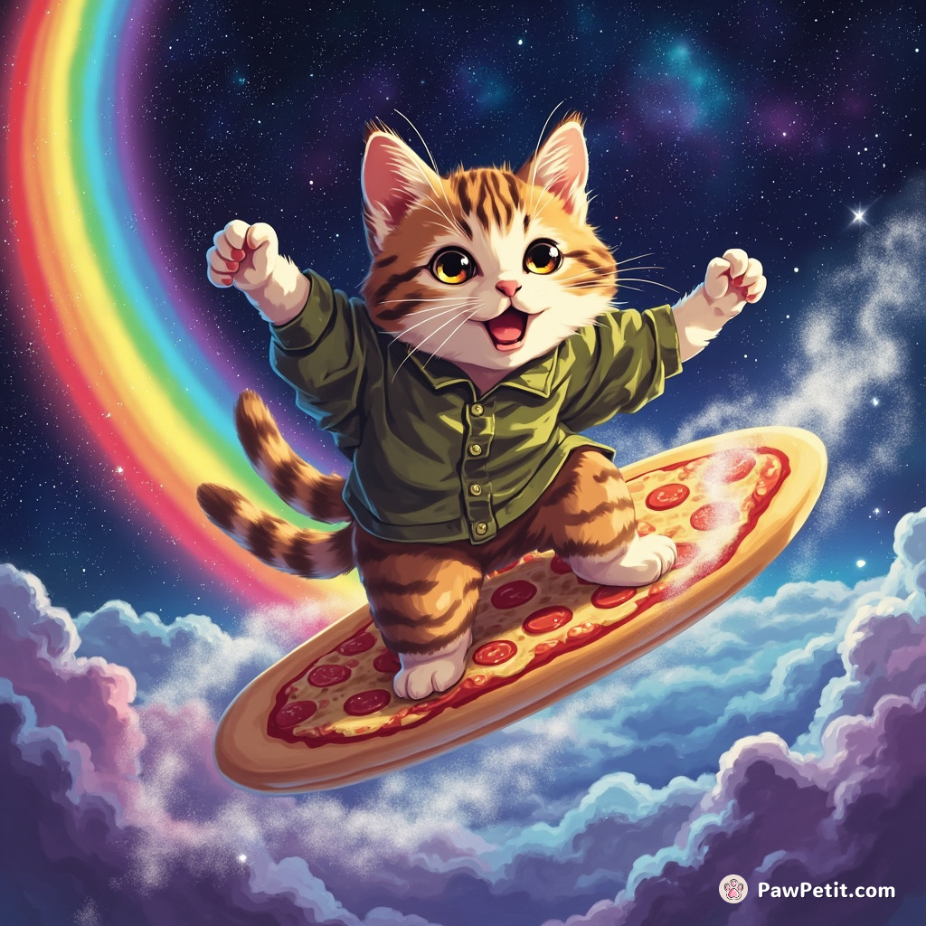 Cat surfing on a pizza slice through a rainbow-lit galaxy.