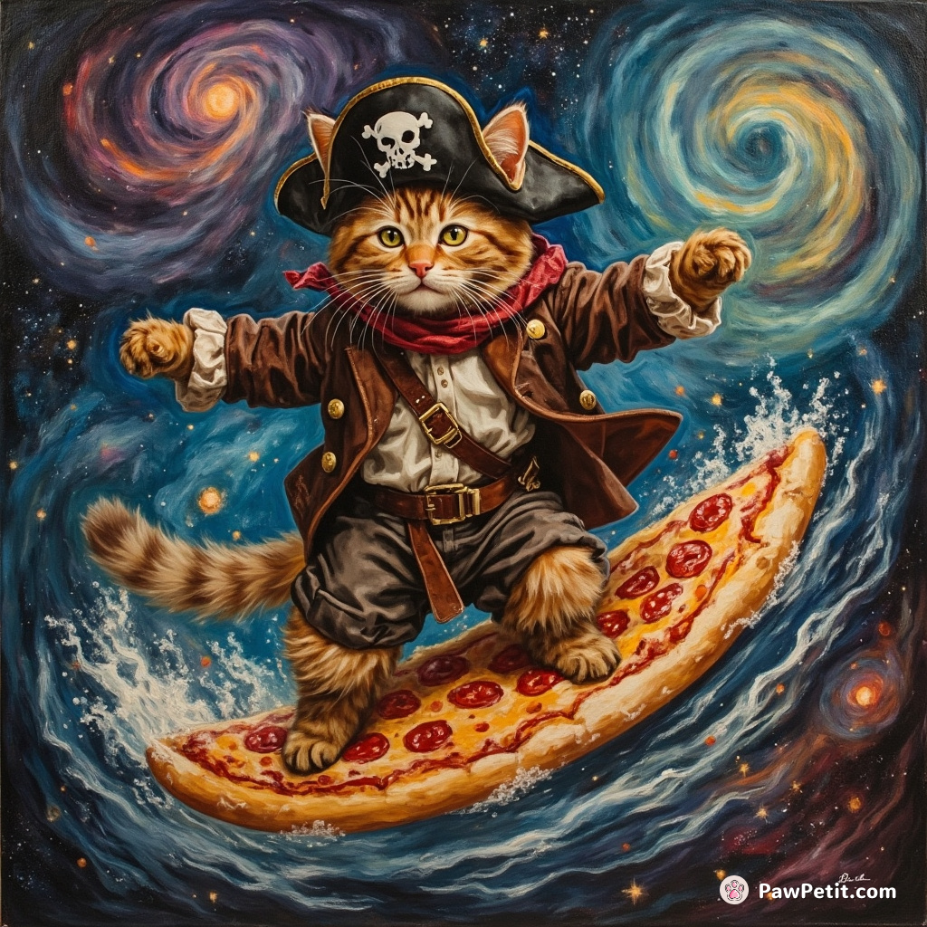 A marmalade cat in a pirates costume, surfing on a flying slice of pizza through swirling galaxies.