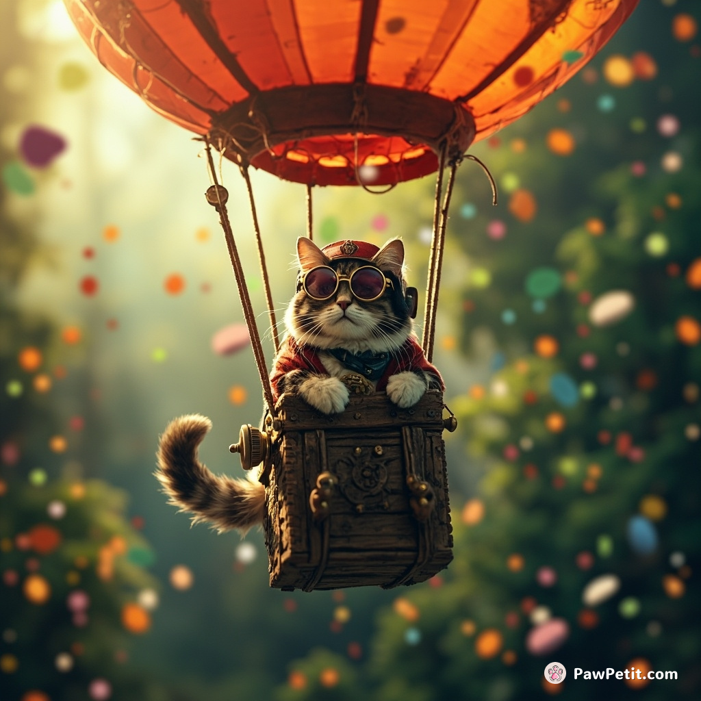 Steampunk cat pilot flying vintage hot air balloon over confetti rainforest.