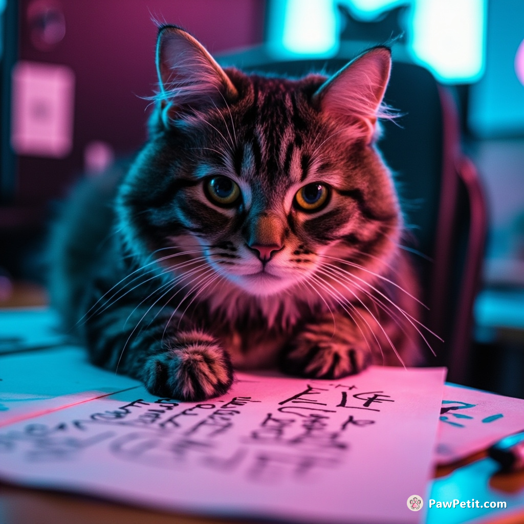 Cat scribbling papers daily, imitating human office work rituals without understanding its significance.