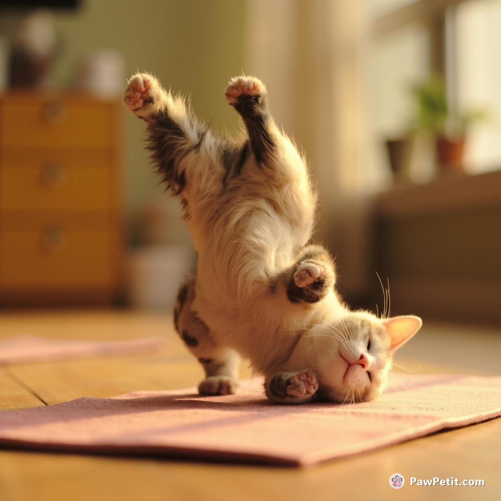 A cat practices yoga daily, convinced it can outshine humans in flexibility by mastering the "downward-facing cat" pose.