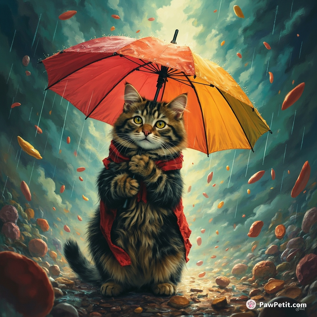 Amid chaos, the cat stands upright, carefully opening a brightly colored umbrella with calculated humanlike precision.
