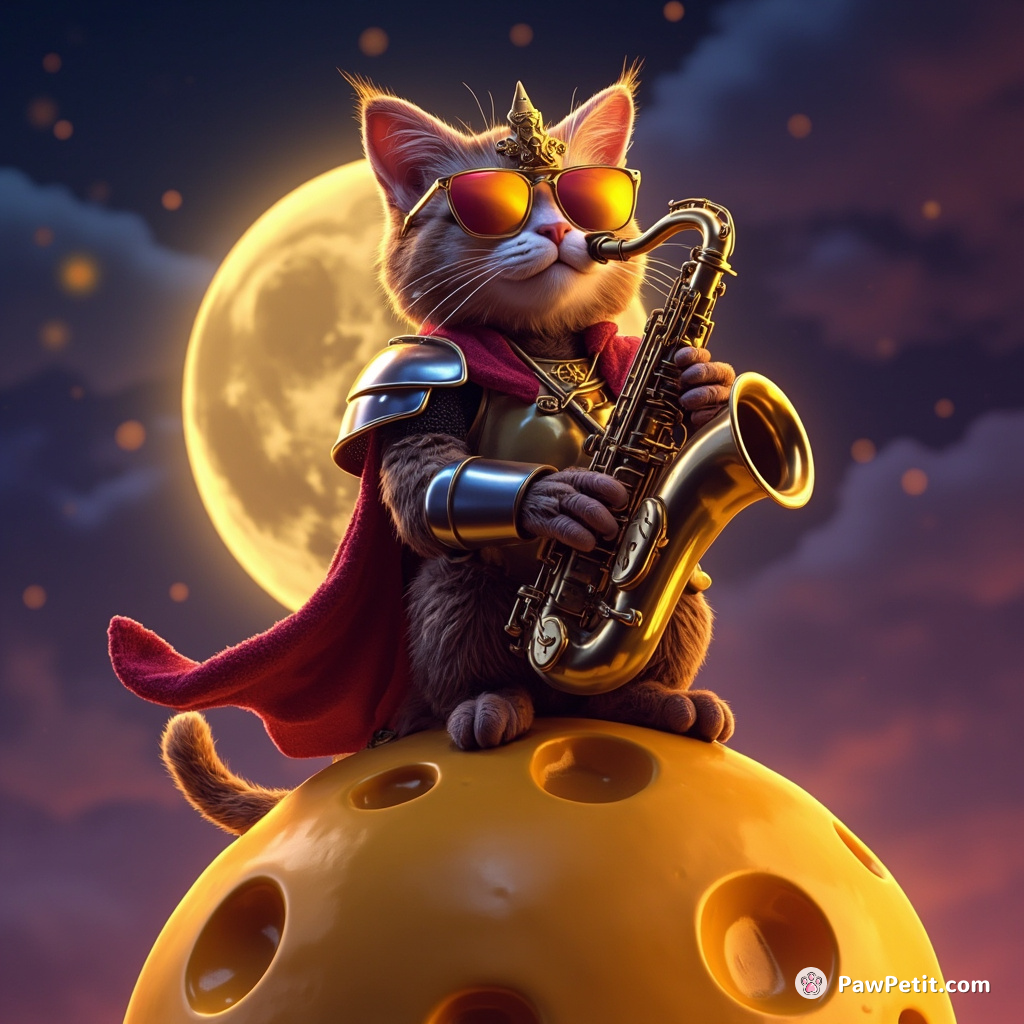 A grand knight cat, armored fur glistening in twilight, playing a smoky jazz tune on saxophone atop an oversized cheddar cheese moon.