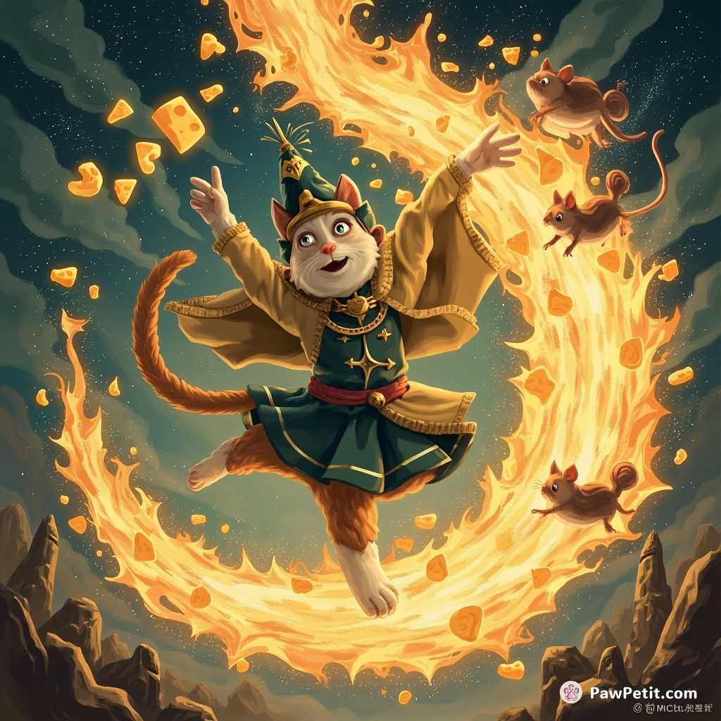 In "Paws of Destiny," the heroic cat pirouettes through time to save the kingdom from cheese-stealing mice.