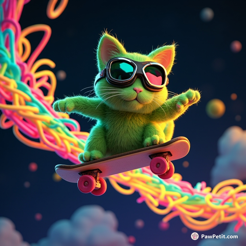 A neon-green cat skateboarding on a ribbon of rainbow spaghetti, wearing aviator goggles in deep space.