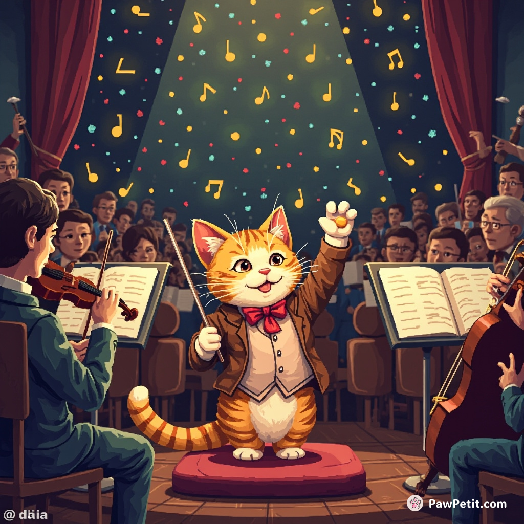**Title: The Feline Maestro**

In an orchestra, Whiskers the cat raises a paw, convinced he can conduct better than humans, leading to a hilariously chaotic symphony.