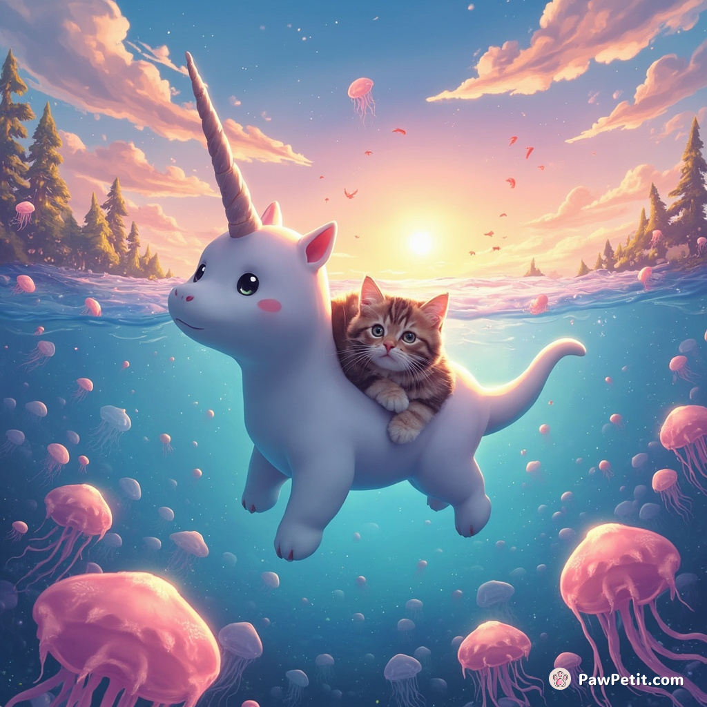 A cat floating nonchalantly on a magic, pastel-colored narwhal through an underwater jellyfish forest during sunset.