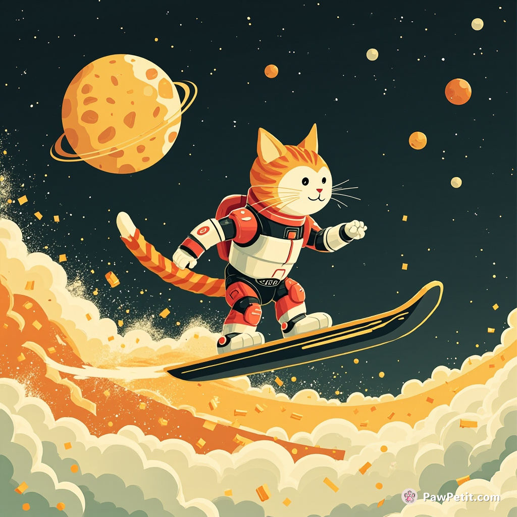 Cyborg cat surfing a nacho cheese wave in outer space.
