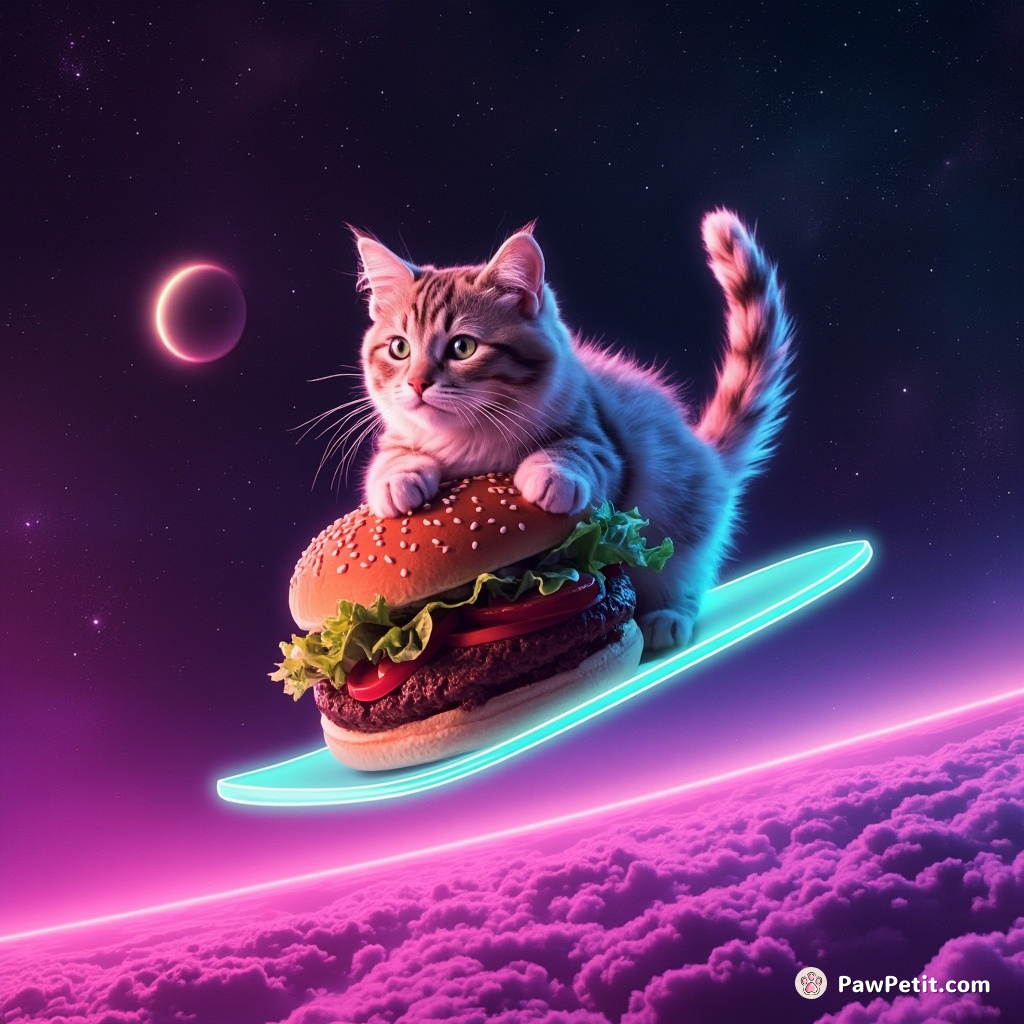 Cat surfing on a space cheeseburger in neon galaxy