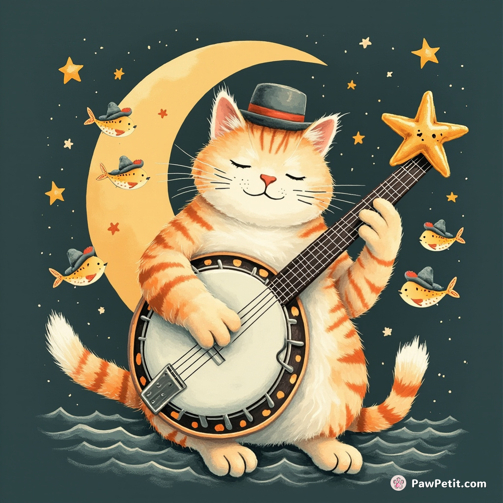 Cat strumming a banjo with starfish fingers on the moon, surrounded by dancing, hat-wearing fish.