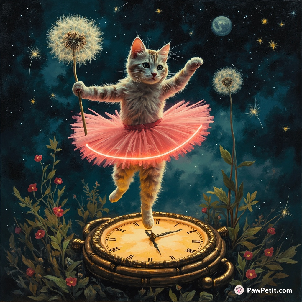 Glowing neon cat performing ballet on a dandelion clock in zero gravity space.