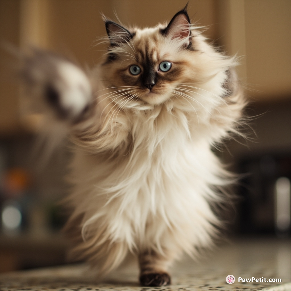 Cat, convinced it can out-dance humans, attempts moonwalk on kitchen counter, fur flying wildly.