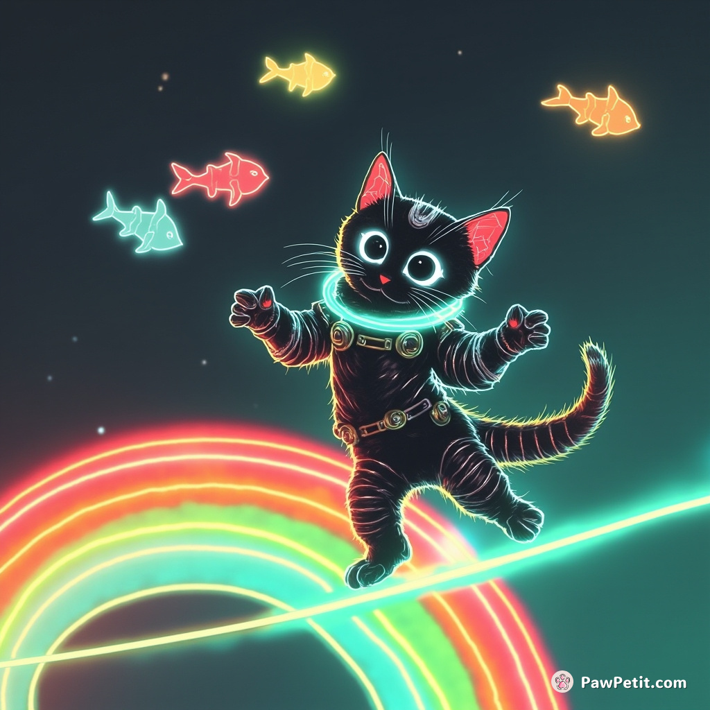 Cybernetic alley cat juggling neon fish while tightrope walking on a rainbow in zero gravity.