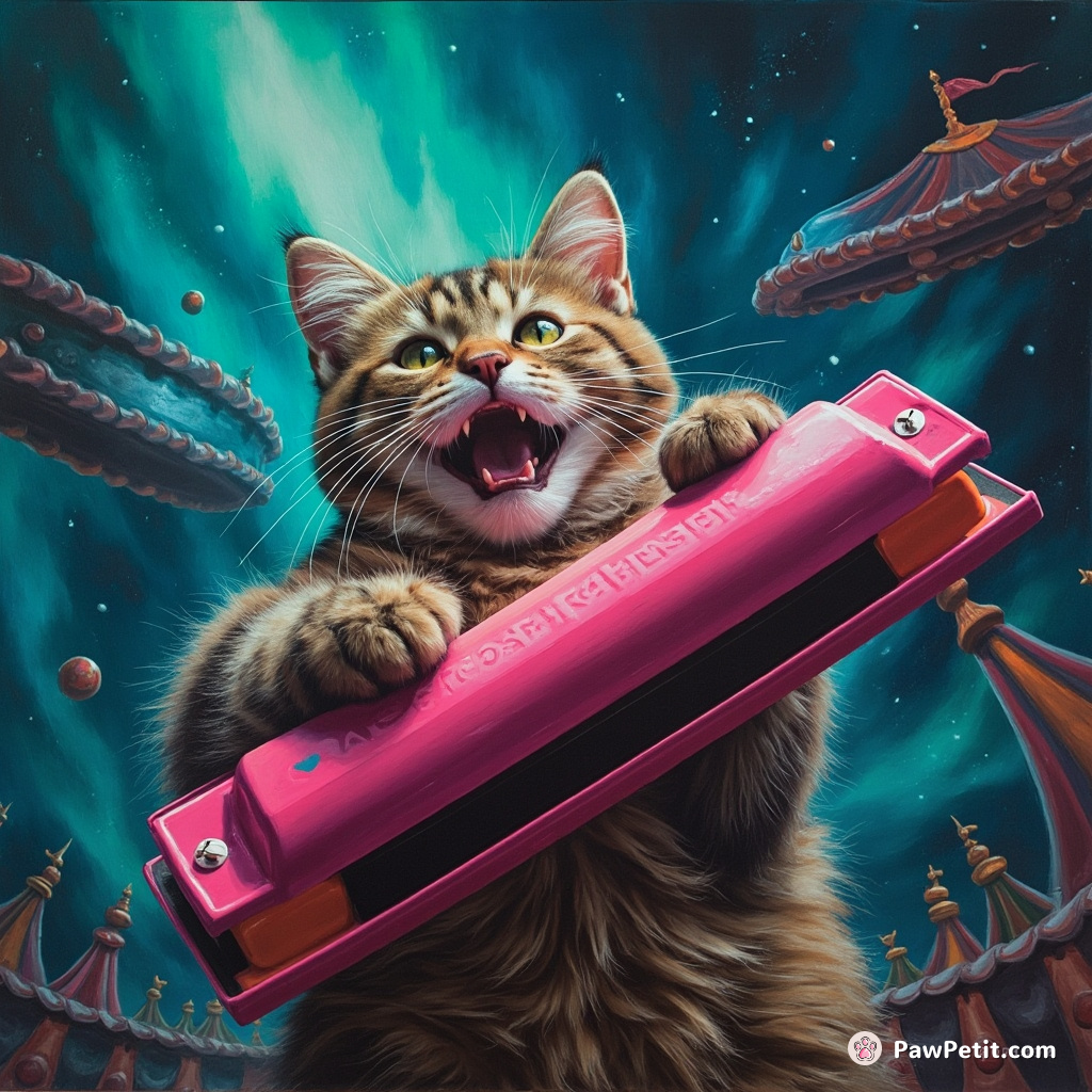 A cat proficiently playing blues on an oversized neon pink harmonica under an aurora borealis in a zero gravity circus.