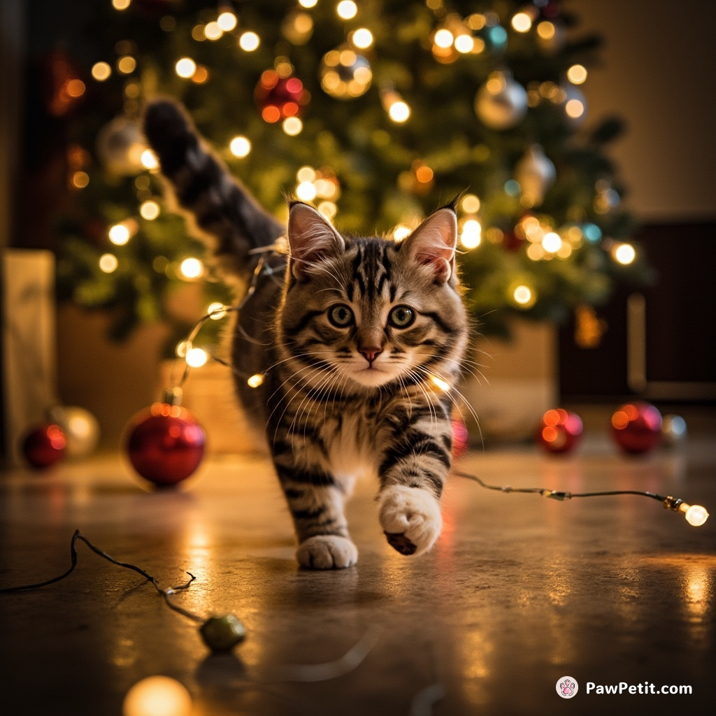 The cat, scampering tinseled in Christmas lights, dashes across the room, toppling delicate ornaments off the sparkling tree.