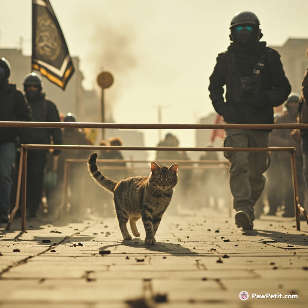 In the chaos of a riot, the cat darted across the square, accidentally triggering an obstacle course for storming protesters.