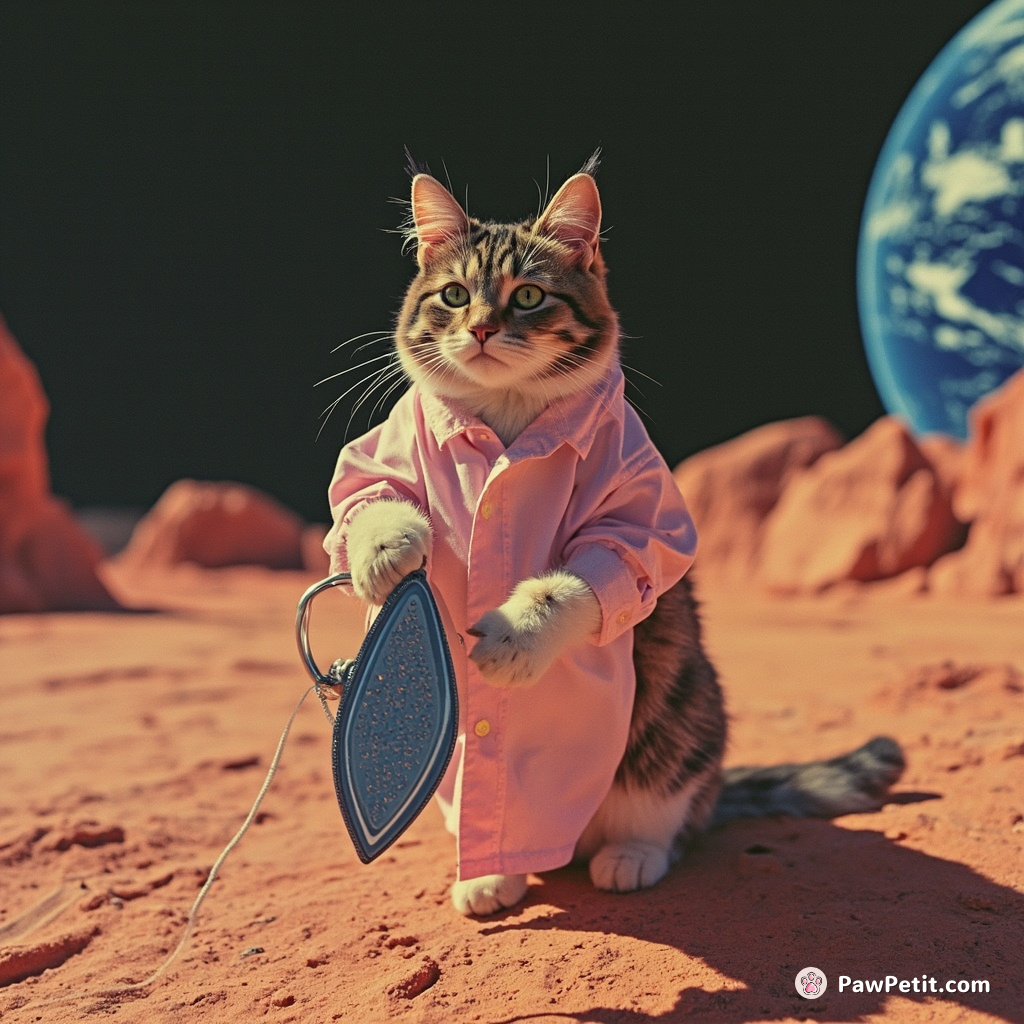 A cat casually ironing a shirt on Mars, with Earth seen in the background.