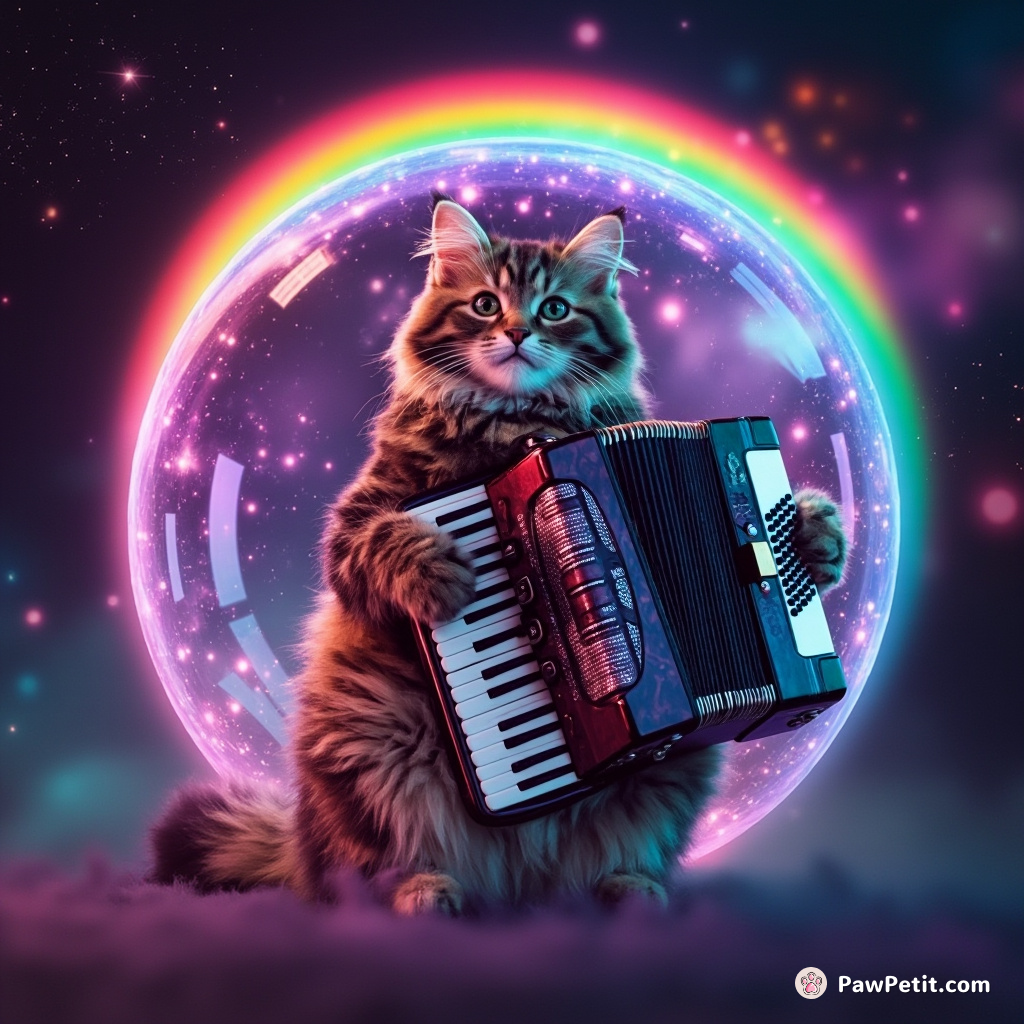 A psychedelic cat playing a neon accordion in a constellation-shaped bubble under an upside-down rainbow.