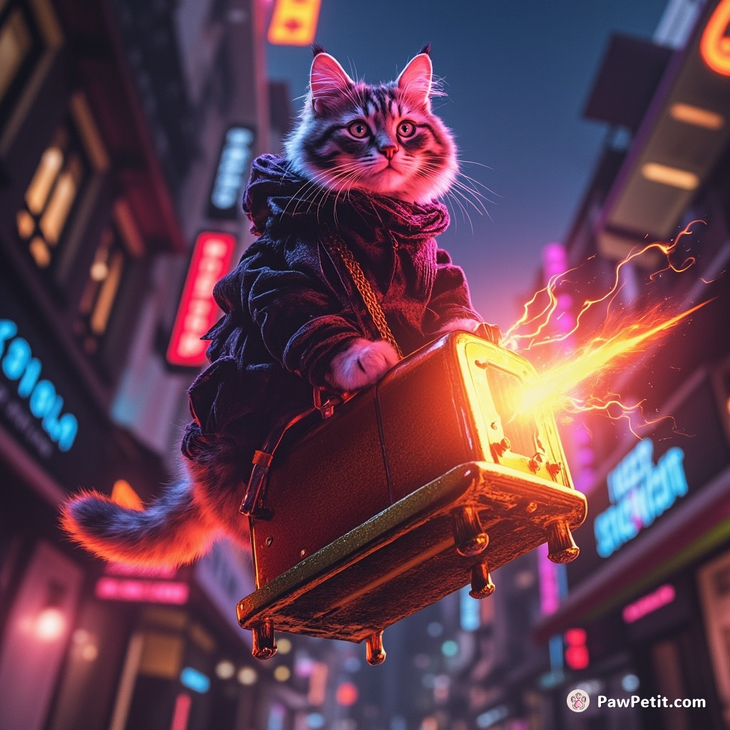 Neon colored cat astride a flying, flaming toaster in steampunk Paris.