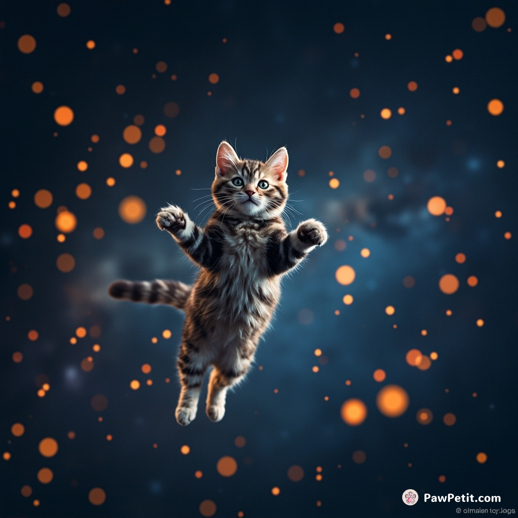 The cat leaps between shimmering data constellations, pouncing on digital fireflies in the simulated cosmos.