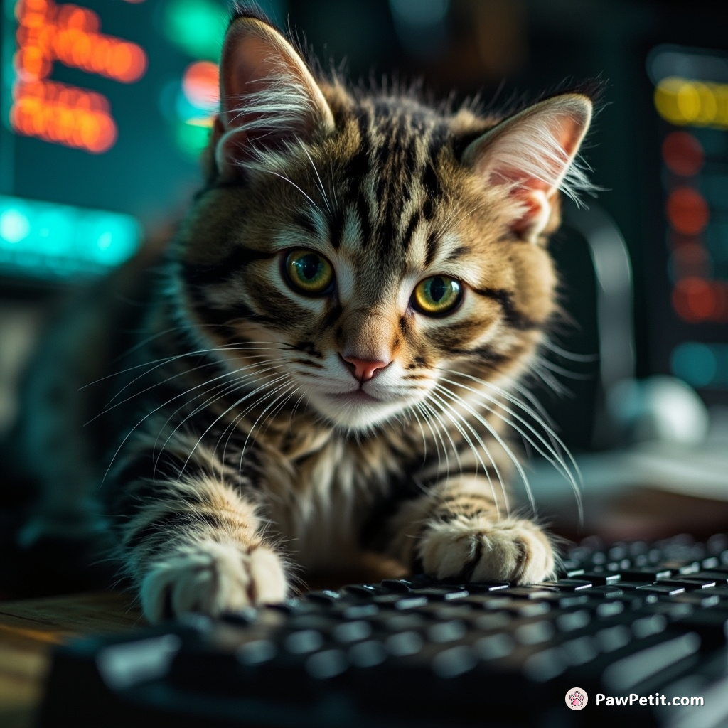 Cat practices typing, convinced it can out-code humans, repeatedly pounces on keyboard with fierce determination.