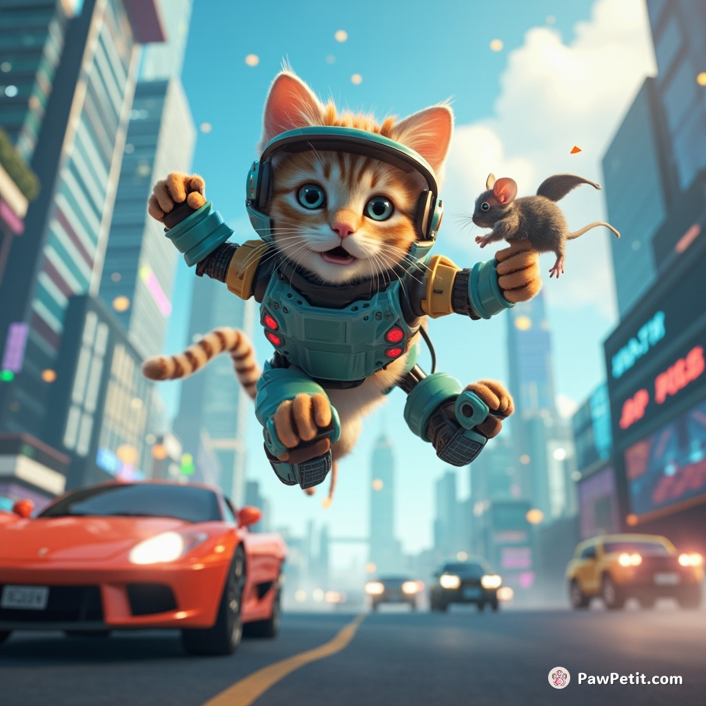 Cybernetic cat dodges autonomous cars, skilfully leap holograms, and scales skyscrapers to effortlessly snatch robotic mouse.